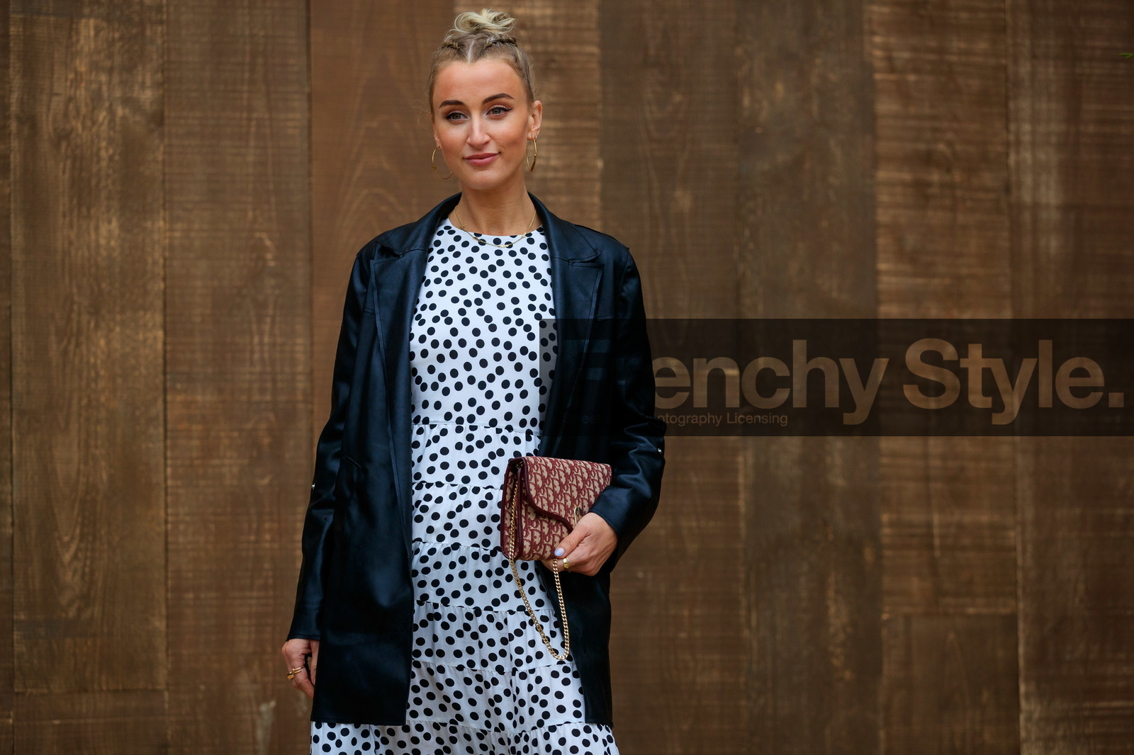 dior bag, dior earrings, black leather jacket, burgundy bag, monogrammed bag, white dress, polka dots dress, hoop earrings, golden earrings, fashion week, frenchystyle, FW, jonathan paciullo, street style, SPRING SUMMER 2020, SS 20, PFW, PARIS, horizontal, atmosphere details, detail