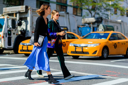 annina mislin, atmosphere details, black bag, black cardigan, black shoes, blue skirt, fashion week, frenchystyle, full length, FW, high heels, horizontal, jonathan paciullo, leather bag, leather shoes, megan bowman grey, NEW YORK, NYFW, pleated skirt, SPRING SUMMER 2018, SS 18, street style, trousers