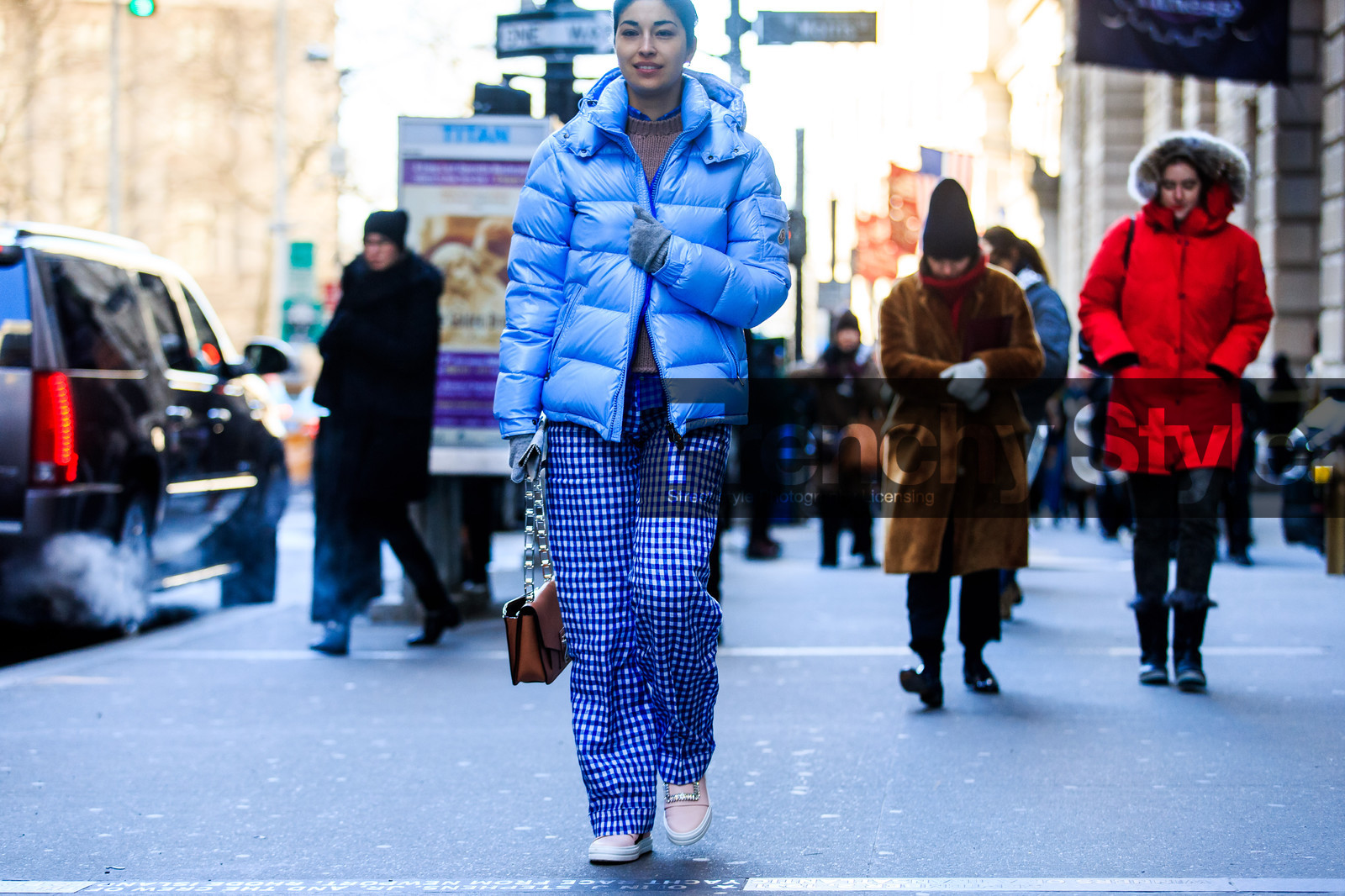 atmosphere details, AUTUMN WINTER 2016-2017, AW 16-17, beige knit, blue jacket, blue pants, blue shirt, brown bag, camel bag, caroline issa, check shirt, checked pants, detail, down jacket, embroidered slippers, fashion week, frenchystyle, FW, FW 16-17, horizontal, jonathan paciullo, leather bag, leather slippers, NEW YORK, NYFW, pink slippers, plaid, street style, sunglasses, woman