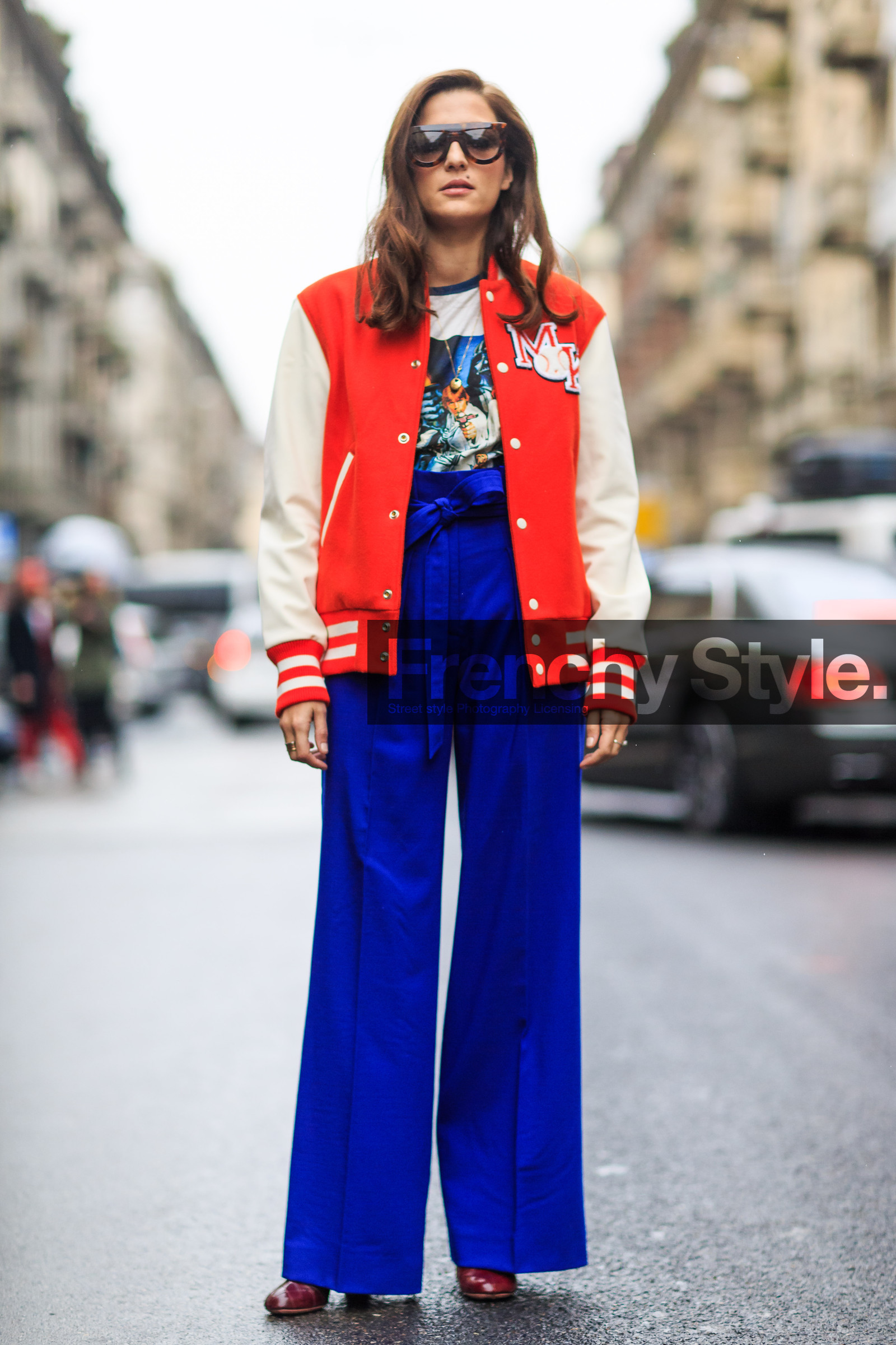 AUTUMN WINTER 2016-2017, AW 16-17, blue pants, eleonora carisi, embroidered jacket, FALL WINTER 2016-2017, fashion week, frenchystyle, full length, FW, FW 16-17, high waist, jonathan paciullo, leather boots, LFW, LONDON, MENSWEAR, printed t shirt, red boots, red jacket, street style, sunglasses, teddy jacket, trousers, vertical, white t shirt, wide pants