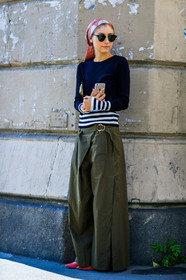 fashion week, frenchystyle, full length, FW, green pants, headband, jenny walton, jonathan paciullo, navy sweater, PARIS, PFW, red scarf, SPRING SUMMER 2017, SS 17, street style, striped top, sunglasses, trousers, vertical, wide pants