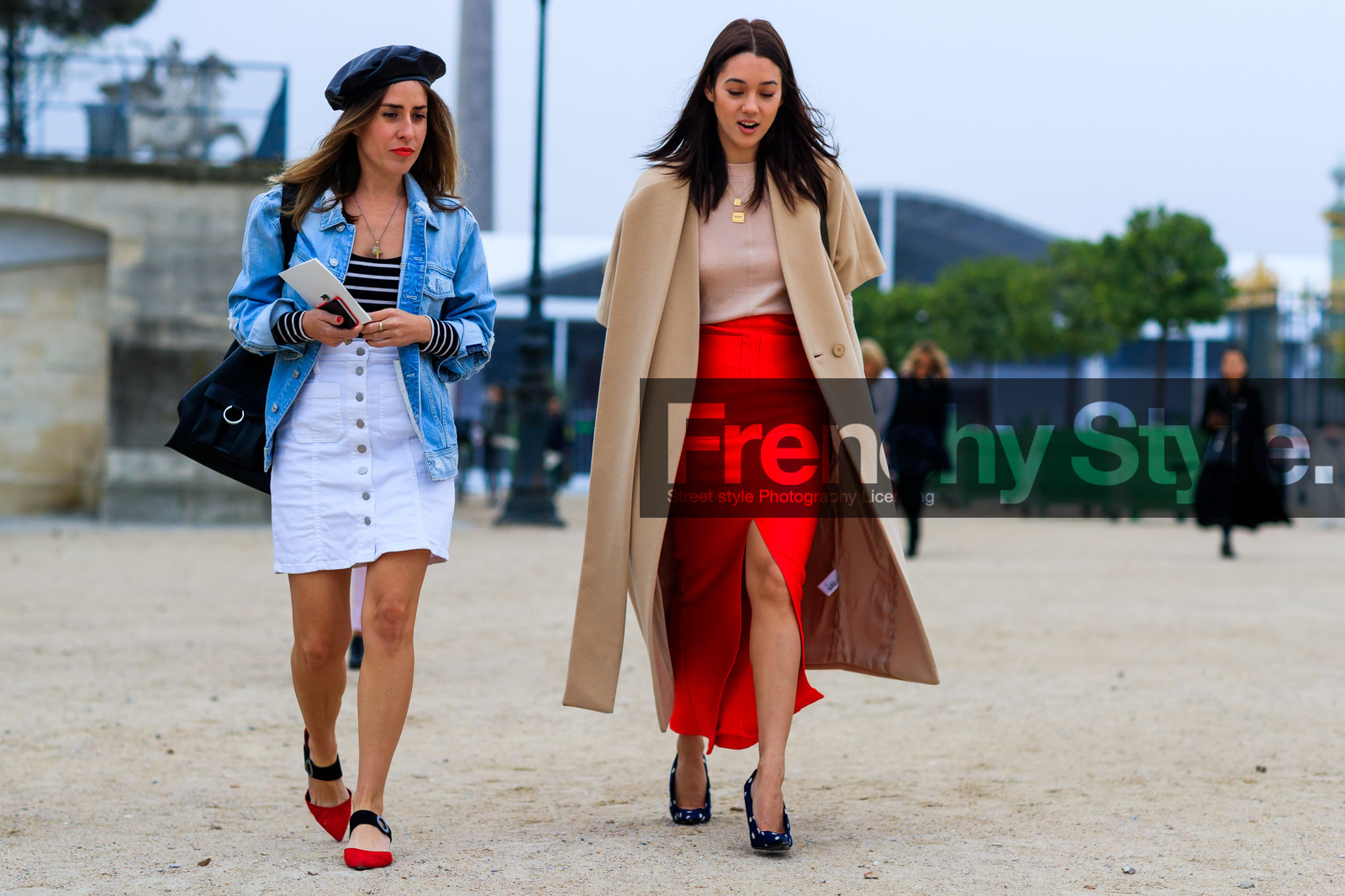 atmosphere details, balenciaga, beige coat, beige sweater, beret, black bag, black hat, blue denim, blue shoes, denim jacket, denim skirt, fashion week, frenchystyle, full length, FW, high heels, horizontal, jonathan paciullo, leather bag, leather shoes, PARIS, PFW, polka dot, printed shoes, red lips, red shoes, red skirt, SPRING SUMMER 2018, SS 18, street style, white denim, white skirt, kim jones