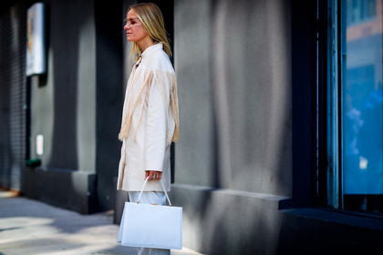atmosphere details, beige jacket, celine aagaard, detail, fashion week, frenchystyle, fringes, FW, horizontal, jonathan paciullo, leather bag, NEW YORK, NYFW, SPRING SUMMER 2018, SS 18, street style, trousers, white pants