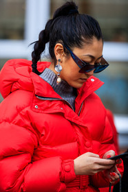 braids, down jacket, earrings, red jacket, sunglasses, fashion week, frenchystyle, FW, jonathan paciullo, street style, PFW, PARIS, AUTUMN WINTER 2018-2019, FALL WINTER 2018-2019, FW 18-19, vertical, atmosphere details