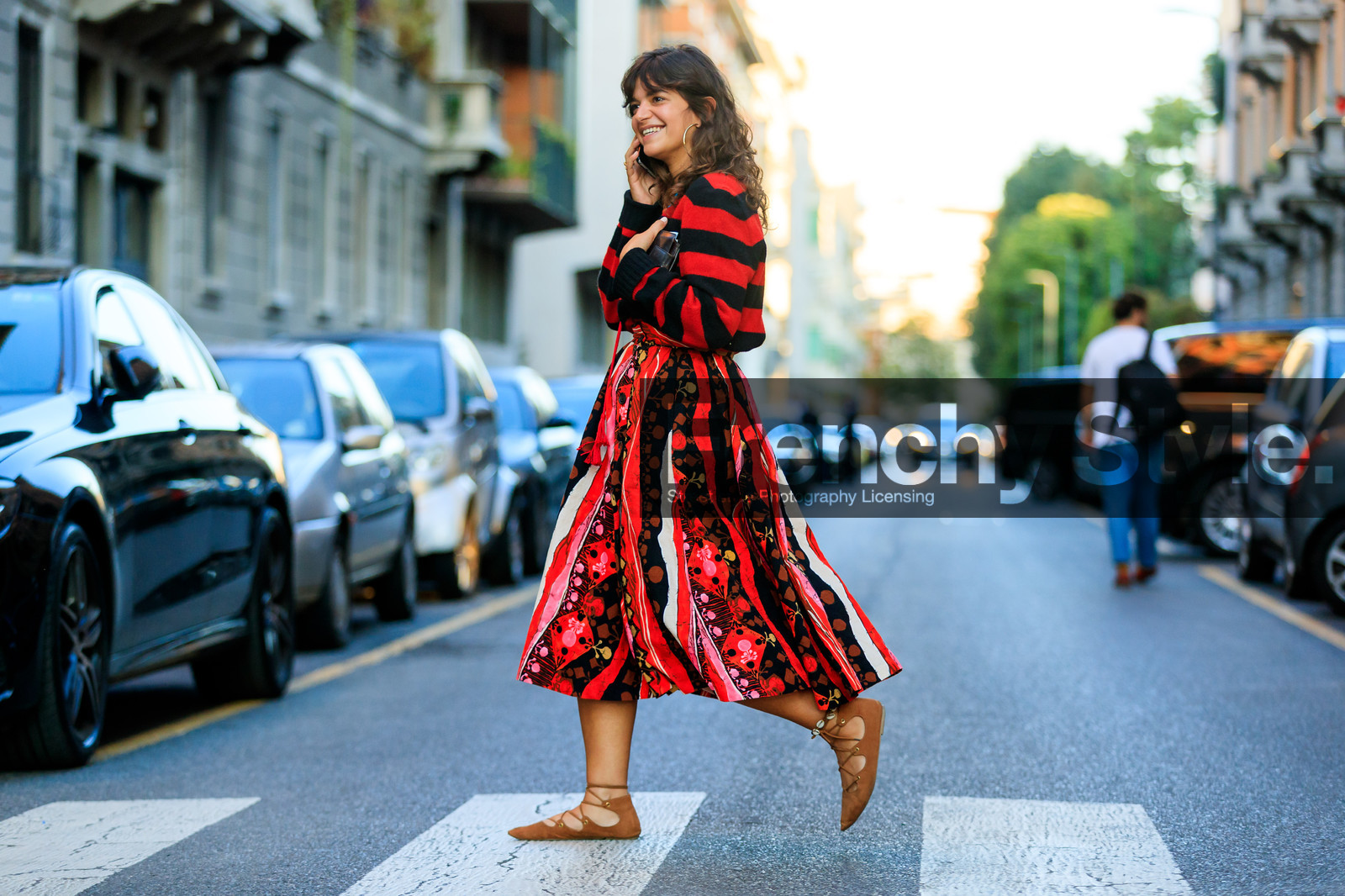 atmosphere details, brown shoes, fashion week, frenchystyle, full length, FW, graphic skirt, graphic sweater, horizontal, jonathan paciullo, leather shoes, MFW, MILAN, printed skirt, printed sweater, red skirt, red sweater, SPRING SUMMER 2018, SS 18, street style, striped sweater