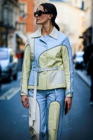 black sunglasses, multicolot suit, leather suit, freckles, dual toned jacket, dual toned pants, green pistachio pants, green pistachio jacket, pastel blue jacket, pastel blue pants, patched suit, maeva giani marshall, fashion week, frenchystyle, FW, jonathan paciullo, street style, AUTUMN WINTER 2022-2023, FALL WINTER 2022_2023, FW 22-23, PFW, PARIS, vertical, detail