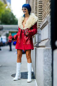 blue hair, dyed hair, earrings, fashion week, frenchystyle, full length, fur collar, FW, graphic bag, high boots, high heels, jonathan paciullo, leather bag, leather coat, leather shoes, NEW YORK, NYFW, red bag, red coat, shearling, sita abellan, SPRING SUMMER 2018, SS 18, street style, sunglasses, vertical, white shoes