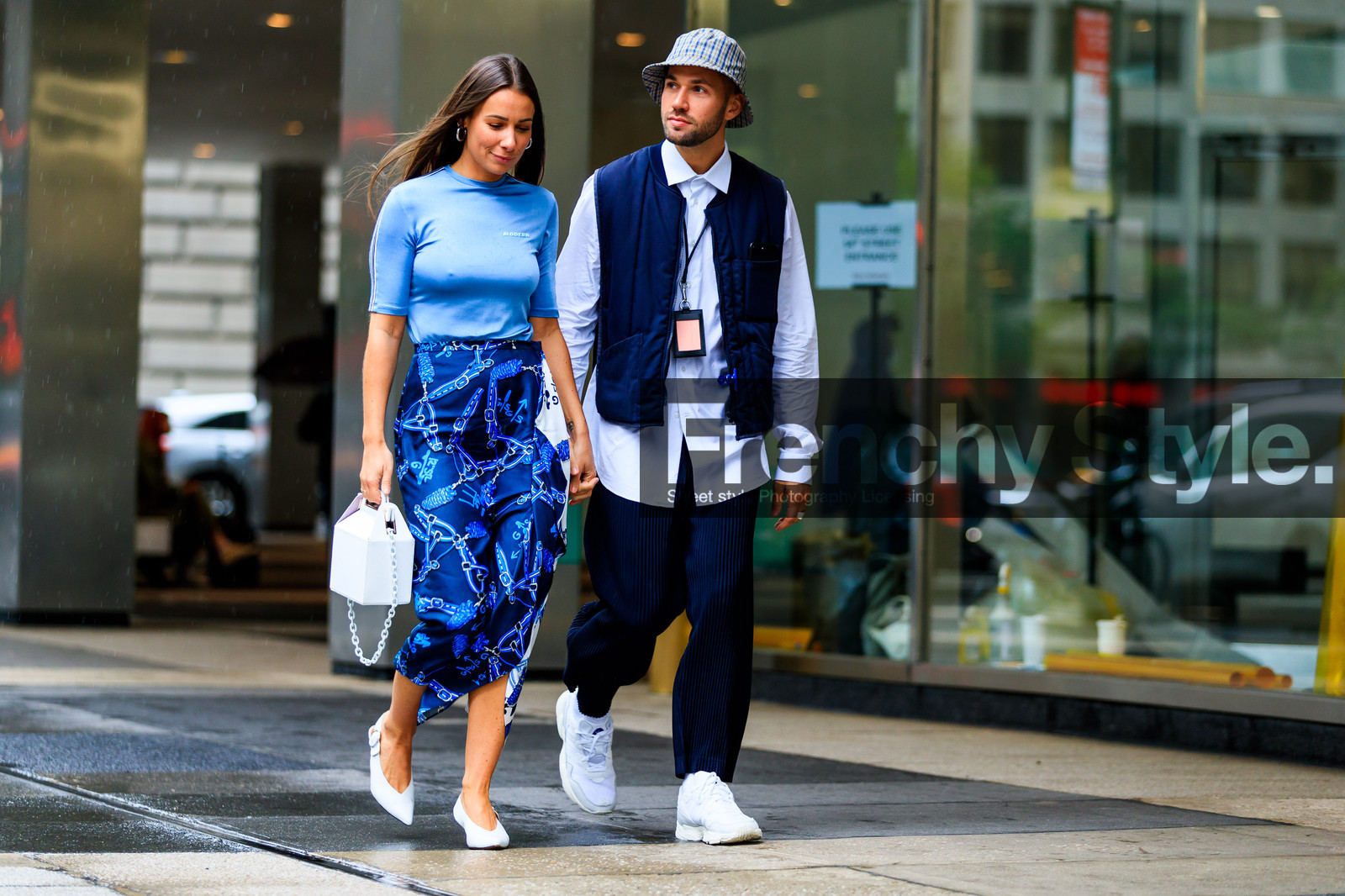 alice & j.s, beige hat, blue jacket, blue skirt, blue t shirt, corduroy, graphic skirt, leather bag, leather shoes, navy pants, printed hat, printed skirt, sleeveless, trousers, vest, white bag, white shirt, white shoes, white sneakers, street style, jonathan paciullo, FW, frenchystyle, fashion week, NYFW, NEW YORK, SPRING SUMMER 2019, SS 19, atmosphere details, horizontal, full length