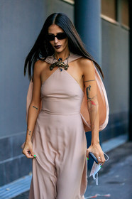 black sunglasses, square shape glasses, nude dress, sleeveless dress, nude cape, big necklace, golden necklace, blue necklace, strassed necklace, valentino dress, valentino necklace, gilda ambrosio, street style, jonathan paciullo, FW, frenchystyle, fashion week, MFW, MILAN, SPRING SUMMER 2021, SS 21, vertical, detail