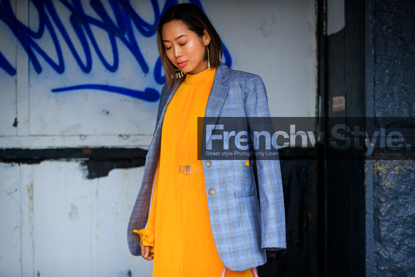 belt, blazer, checked, checked jacket, earrings, graphic jacket, grey jacket, orange dress, over the shoulder, plaid, pleated dress, printed jacket, tartan, street style, jonathan paciullo, FW, frenchystyle, fashion week, NYFW, NEW YORK, AUTUMN WINTER 2018-2019, AW 18-19, FALL WINTER 2018-2019, FW 18-19, atmosphere details, horizontal, detail, aimee song