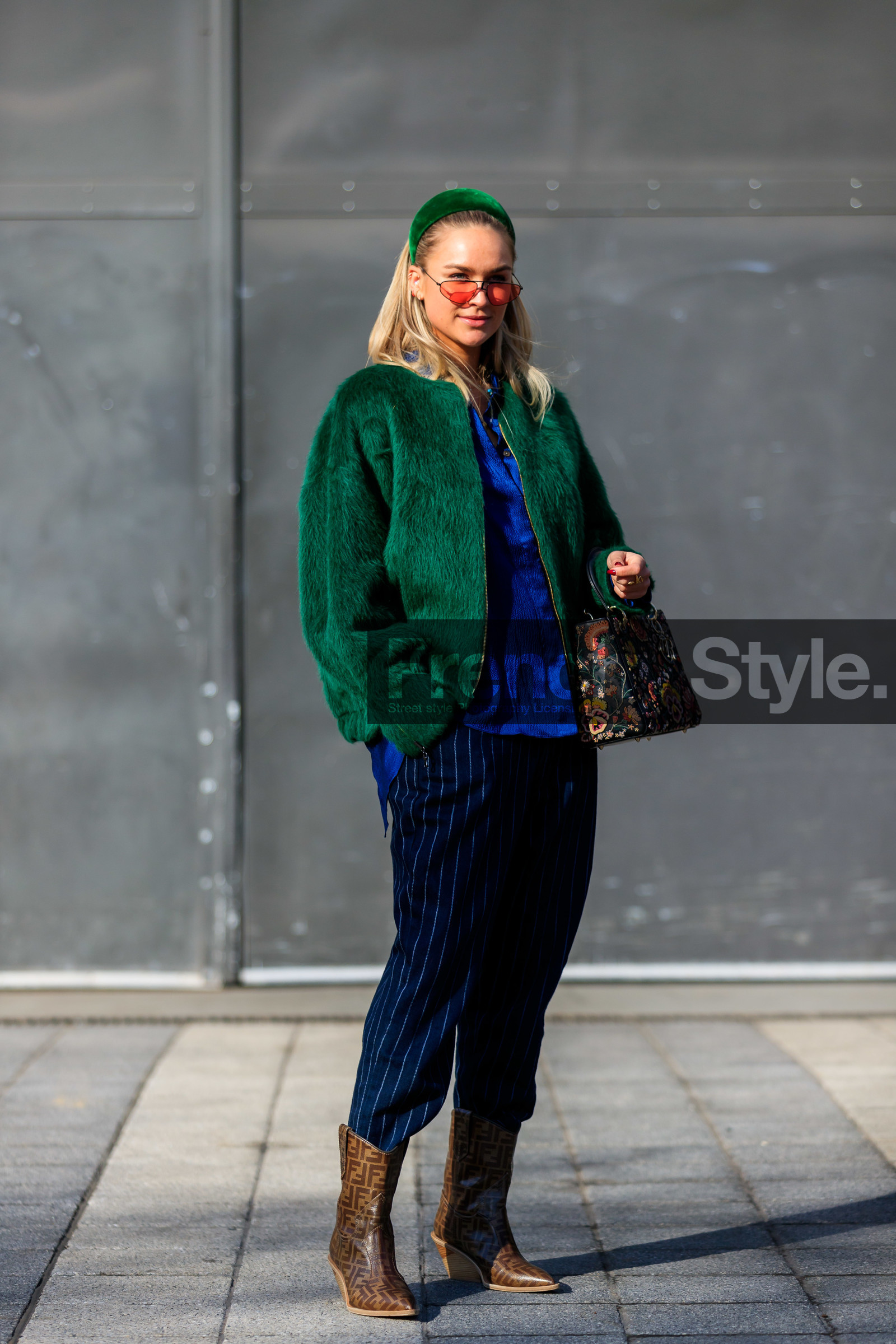black bag, blue sweater, bomber jacket, brown boots, christian dior, fendi, floral, flowers, fur jacket, graphic bag, graphic pants, green fur, green jacket, headband, high heels, leather bag, leather shoes, monogram, multicolor bag, navy pants, printed bag, printed pants, striped pants, sunglasses, trousers, LONDON, LFW, fashion week, frenchystyle, FW, jonathan paciullo, street style, AUTUMN WINTER 2019-2020, AW 19-20, FW 19-20, FALL WINTER 2019-2020, vertical, full length