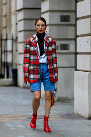 black sweater, blue denim, checked, denim shorts, earrings, graphic jacket, high heels, leather bag, leather shoes, maison martin margiela, necklace, palm angels, plaid, printed jacket, red boots, red jacket, tabi shoes, tartan, transparent bag, turtleneck sweater, varnished leather shoes, white shirt, street style, jonathan paciullo, FW, frenchystyle, fashion week, LFW, LONDON, AUTUMN WINTER 2019-2020, AW 19-20, FW 19-20, FALL WINTER 2019-2020, vertical, full length