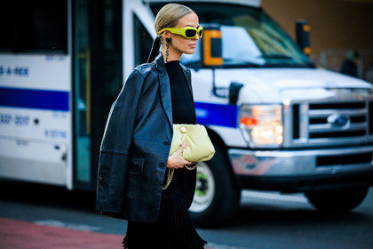 saint laurent logo earrings, puffy green pouch, green sunglasses, black leather jacket, details, hairstyle, leonie hanne, fashion week, frenchystyle, FW, jonathan paciullo, street style, NYFW, NEW YORK, AUTUMN WINTER 2022-2023, FALL WINTER 2022_2023, FW 22-23, atmosphere details, horizontal