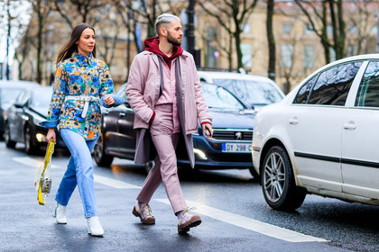 alice & j.s, atmosphere details, AUTUMN WINTER 2017-2018, AW 17-18, blue denim, blue jacket, denim pants, dyed hair, embroidered jacket, FALL WINTER 2017-2018, fashion week, floral, flower, frenchystyle, full length, FW, FW 17-18, hoodie, horizontal, jeans, jonathan paciullo, leather bag, leather shoes, off white, PARIS, PFW, pink jacket, pink pants, pink shirt, pink shoes, printed jacket, purple coat, red sweater, street style, trousers, white bag, white belt, white shoes
