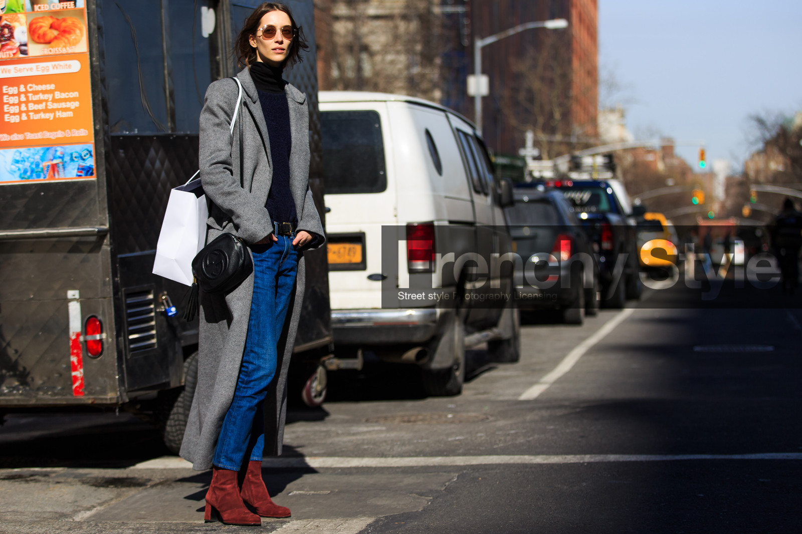 alana zimmer, atmosphere details, AUTUMN WINTER 2016-2017, AW 16-17, black belt, black turtleneck, blue denim, blue sweater, denim pants, FALL WINTER 2016-2017, fashion week, frenchystyle, full length, FW, FW 16-17, grey coat, horizontal, jeans, jonathan paciullo, leather belt, long coat, model, NEW YORK, NYFW, red boots, street style, suede shoes, sunglasses, trousers, woman