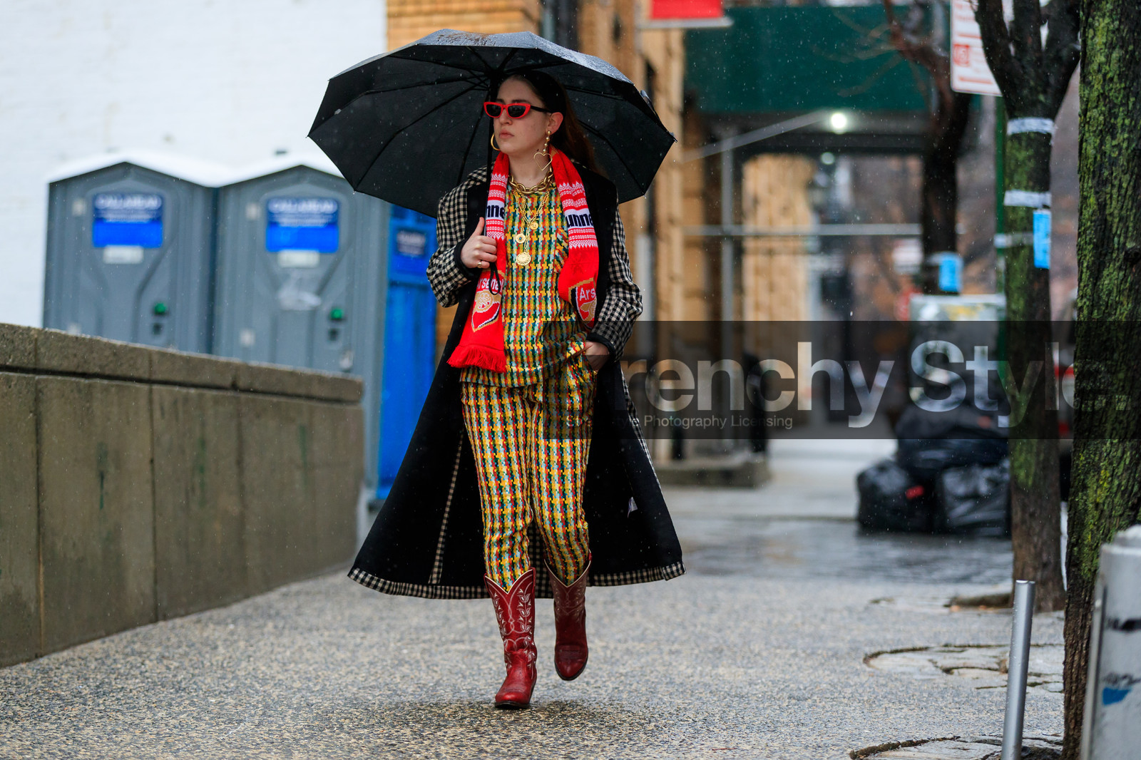 black coat, checked, checked coat, cowboy boots, earrings, graphic jacket, graphic pants, graphic sweater, high heels, leather shoes, multicolor pants, multicolor sweater, plaid, printed coat, printed jacket, printed pants, printed scarf, printed sweater, red boots, red scarf, sunglasses, tartan, trousers, umbrella, yellow pants, street style, jonathan paciullo, FW, frenchystyle, fashion week, NYFW, NEW YORK, AUTUMN WINTER 2018-2019, AW 18-19, FALL WINTER 2018-2019, FW 18-19, atmosphere details, horizontal, full length