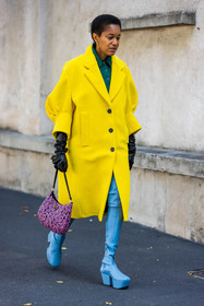 blue boots, color, colorblock, green knit, jacquard bag, leather boots, leather glooves, oversize coat, pink bag, plateform, prada bag, prada glooves, prada total look, Tamu McPherson, wool coat, yellow coat, printed bag, fashion week, frenchystyle, FW, jonathan paciullo, street style, SPRING SUMMER 2022, SS 22, MFW, MILAN, vertical, full length