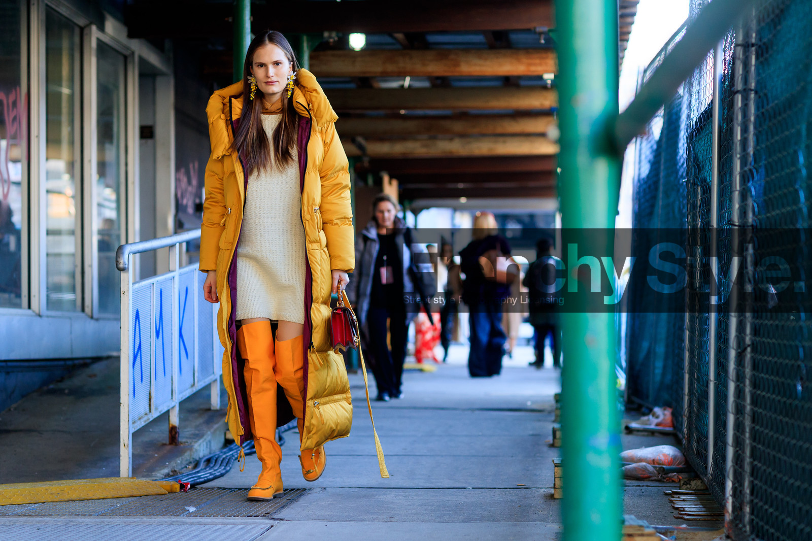 bordeaux, burgundy, earrings, embroidered bag, high boots, knit dress, leather bag, leather shoes, red bag, white dress, yellow boots, yellow coat, street style, jonathan paciullo, FW, frenchystyle, fashion week, NYFW, NEW YORK, AUTUMN WINTER 2018-2019, AW 18-19, FALL WINTER 2018-2019, FW 18-19, atmosphere details, horizontal, full length, model, alla kostromichova