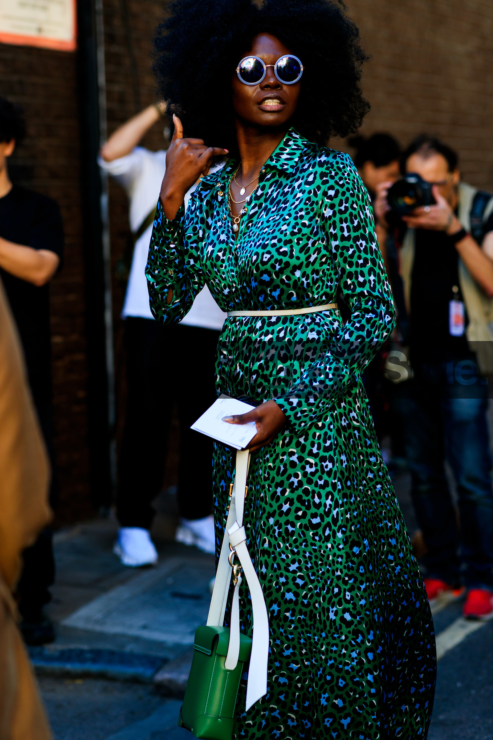 animal print dress, round sunglasses, chain necklace, charms necklace, golden necklace, multi necklace, pearl necklace, green bag, leather bag, fashion week, frenchystyle, FW, jonathan paciullo, street style, vertical, detail, atmosphere details