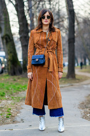 AUTUMN WINTER 2017-2018, AW 17-18, belted coat, blue denim, brown coat, brown jacket, chanel handbag, eleonora carisi, FALL WINTER 2017-2018, fashion week, frenchystyle, full length, FW, FW 17-18, glitter, jeans, jonathan paciullo, leather bag, leather coat, leather jacket, leather shoes, MFW, MILAN, ray ban, shiny boots, silver shoes, street style, suede jacket, sunglasses, trousers, vertical