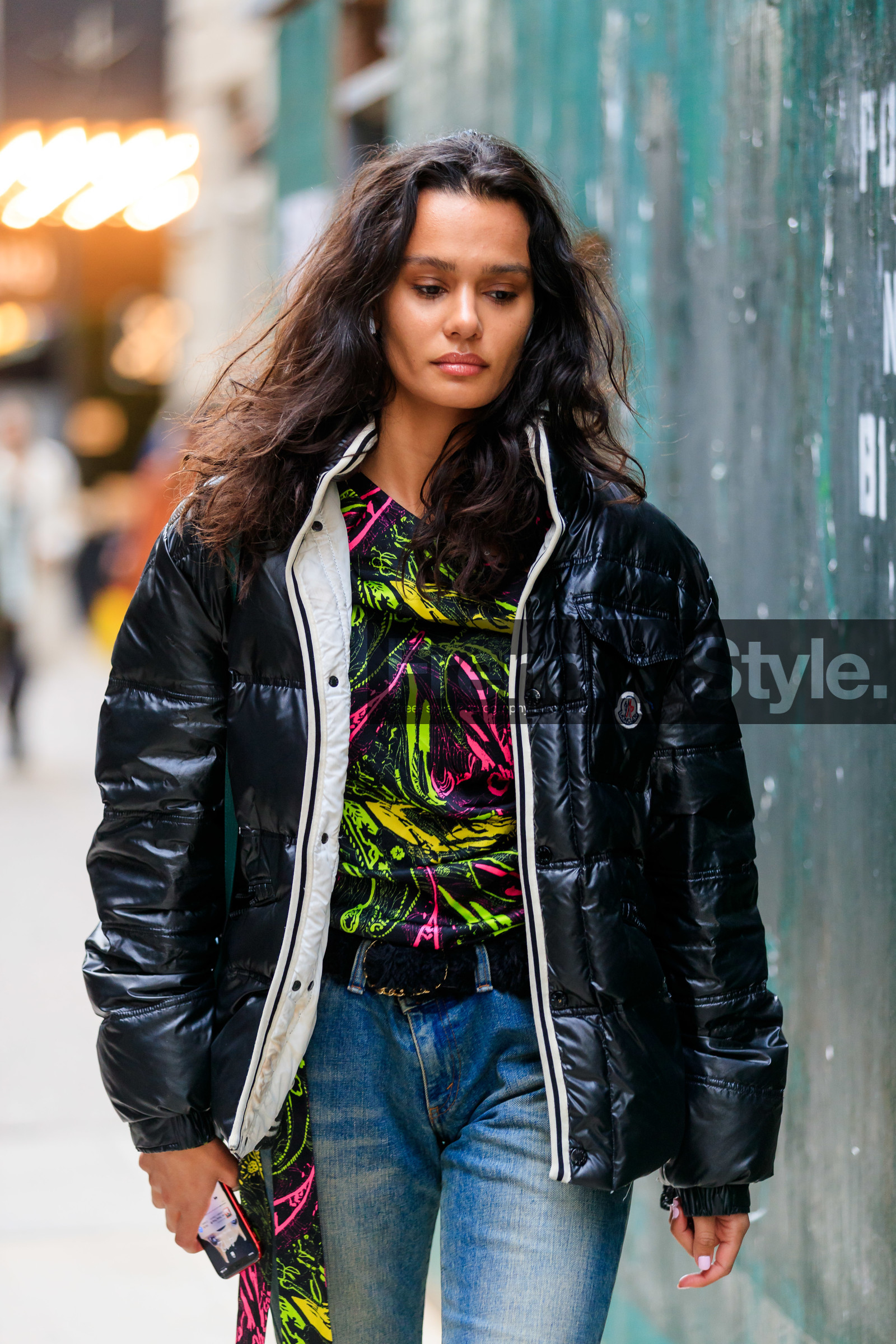 black coat, down jacket, moncler coat, neon green top, pink top, black top, printed top, blue jeans, fashion week, frenchystyle, FW, jonathan paciullo, street style, FALL WINTER 2020-2021, AUTUMN WINTER 2020-2021, FW 20-21, vertical, atmosphere details, detail, NYFW, NEW YORK
