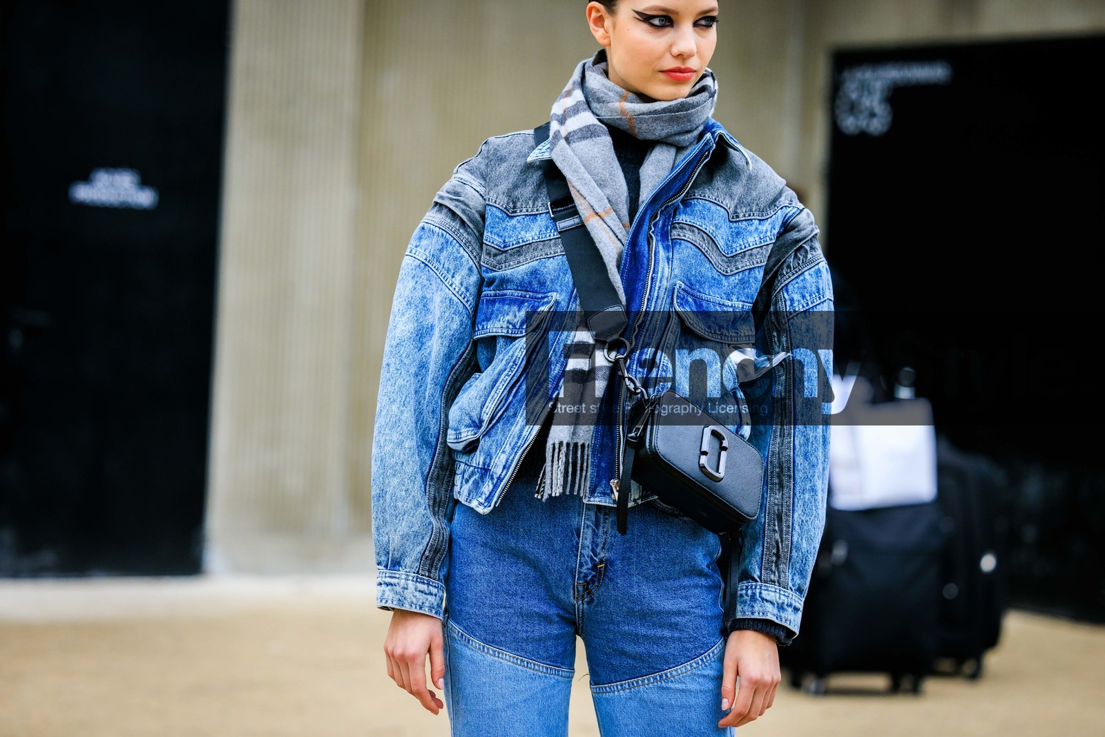 chanel, plaid scarf, grey scarf, smoky eyes, denim jacket, marcjacobs bag, black handbag, crossbody bag, denim jeans, dual toned jeans, make up, fashion week, frenchystyle, FW, jonathan paciullo, street style, PARIS, PFW, SPRING SUMMER 2022, SS 22, atmosphere details, detail, horizontal, model