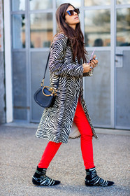 animal print, AUTUMN WINTER 2017-2018, AW 17-18, black and white shoes, black bag, black shoes, chiara totire, chloe, FALL WINTER 2017-2018, fashion week, frenchystyle, full length, FW, FW 17-18, graphic coat, graphic jacket, jonathan paciullo, leather bag, leather shoes, MFW, MILAN, printed coat, printed jacket, red pants, street style, sunglasses, trousers, vertical, zebra