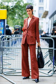 black bag, black shoes, blazer, checked, graphic jacket, graphic pants, high heels, leather bag, leather shoes, model, plaid, printed jacket, printed pants, red jacket, red pants, red suit, trousers, white t-shirt, fashion week, frenchystyle, FW, jonathan paciullo, street style, LFW, LONDON, SPRING SUMMER 2019, SS 19, vertical, full length
