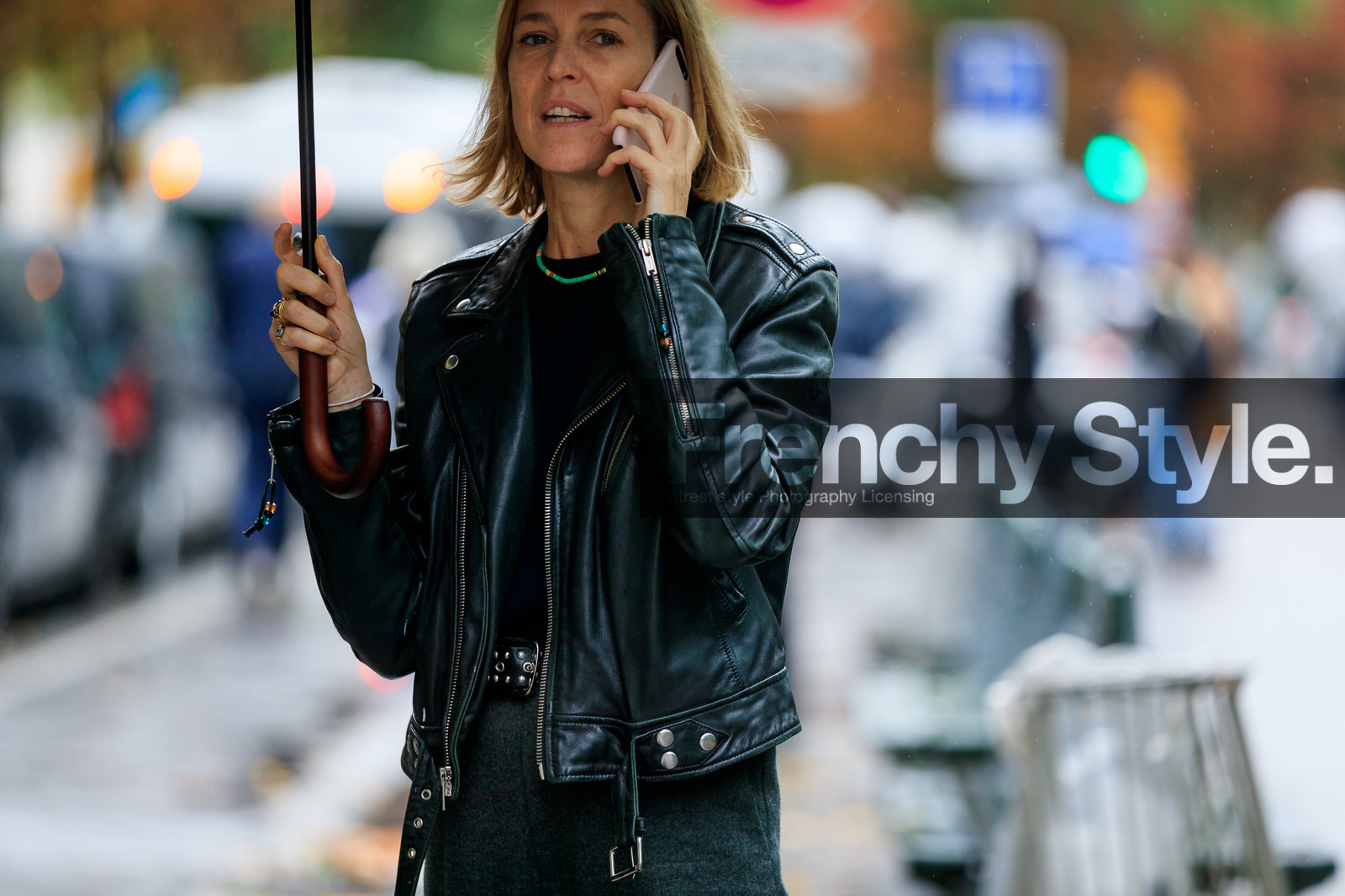 black leather perfecto, green necklace, lucky charm necklace, black t-shirt, close up detail, fashion week, frenchystyle, FW, jonathan paciullo, street style, SPRING SUMMER 2020, SS 20, PFW, PARIS, horizontal, atmosphere details, detail