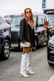 black and white bag, black jacket, blazer, camel jacket, camel pants, camel suit, chanel handbag, chloe loulou de saison, earrings, headband, high boots, high heels, leather bag, leather shoes, necklace, oversize, prada, sunglasses, trousers, white bag, white boots, street style, jonathan paciullo, FW, frenchystyle, fashion week, LFW, LONDON, AUTUMN WINTER 2019-2020, AW 19-20, FW 19-20, FALL WINTER 2019-2020, vertical, full length