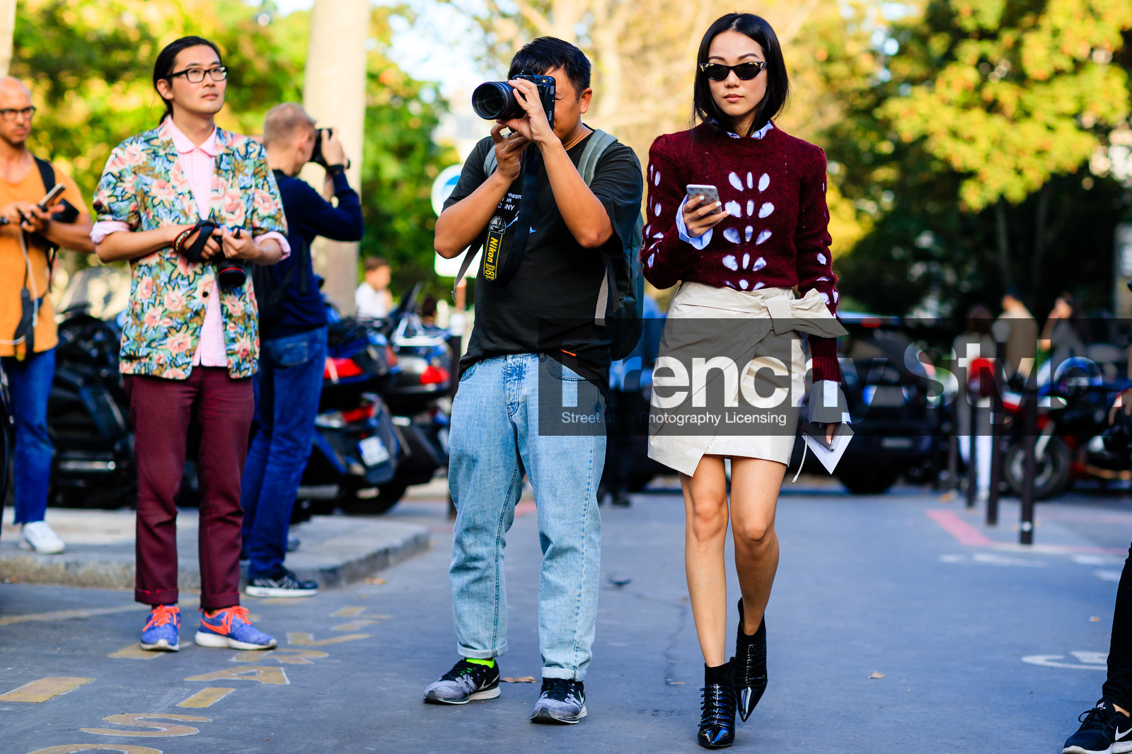 atmosphere details, beige skirt, black boots, bordeaux, burgundy, fashion week, frenchystyle, full length, FW, high heels, horizontal, jonathan paciullo, leather shoes, PARIS, PFW, red sweater, SPRING SUMMER 2017, SS 17, street style, sunglasses, tommy ton, yoyo cao