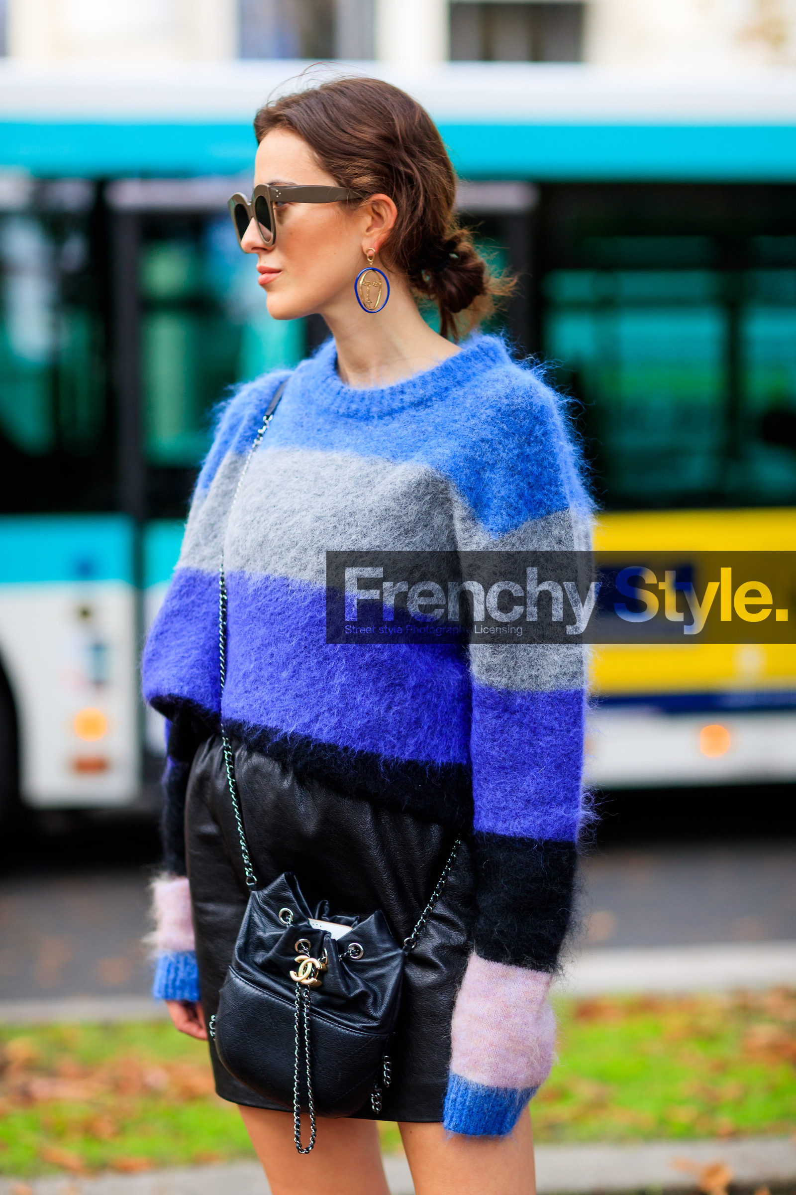 black bag, black skirt, blue sweater, chanel, céline, earrings, fashion week, frenchystyle, full length, FW, graphic sweater, jonathan paciullo, leather bag, leather skirt, PARIS, PFW, printed sweater, SPRING SUMMER 2018, SS 18, street style, sunglasses, vertical, sylvia haghjoo