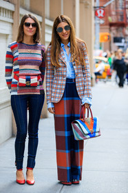 blue shirt, checked jacket, checked pants, fanny pack, fashion week, frenchystyle, full length, FW, geometric, graphic bag, graphic jacket, graphic pants, gucci, high heels, jonathan paciullo, leather bag, leather shoes, multicolor bag, multicolor sweater, NEW YORK, NYFW, plaid, printed bag, printed jacket, printed pants, red shoes, SPRING SUMMER 2018, SS 18, street style, striped bag, striped pants, striped sweater, sunglasses, tartan, trousers, vertical