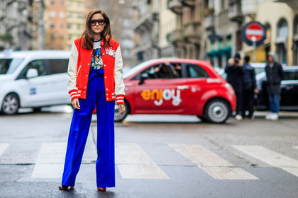 atmosphere details, AUTUMN WINTER 2016-2017, AW 16-17, blue pants, eleonora carisi, embroidered jacket, FALL WINTER 2016-2017, fashion week, frenchystyle, full length, FW, FW 16-17, high waist, horizontal, jonathan paciullo, leather boots, LFW, LONDON, MENSWEAR, printed t shirt, red boots, red jacket, street style, sunglasses, teddy jacket, trousers, white t shirt, wide pants
