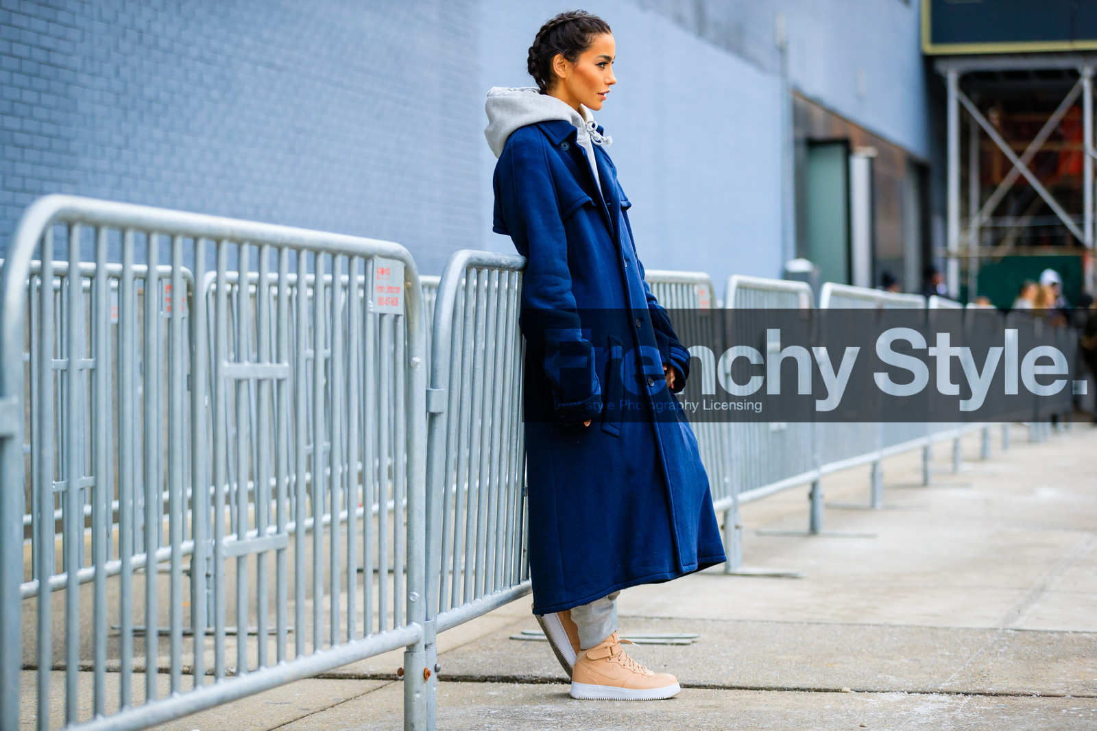 adrianne ho, atmosphere details, AUTUMN WINTER 2017-2018, AW 17-18, braids, FALL WINTER 2017-2018, fashion week, frenchystyle, full length, FW, FW 17-18, grey sweater, hoodie, horizontal, jonathan paciullo, leather sneakers, navy coat, NEW YORK, nike, NYFW, overcoat, pink shoes, street style