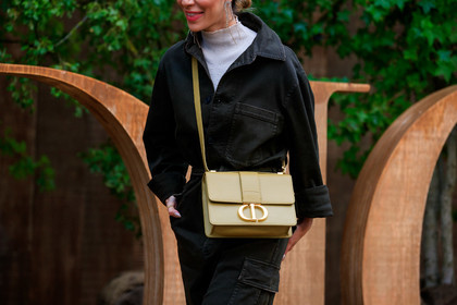 kaki jumpsuit, long sleeves jumpsuit, white top, turtleneck top, strassed earrings, dangling earrings, yellow leather bag, crossbody bag, golden buckle bag, dior bag, close up detail, 30 montaigne bag, fashion week, frenchystyle, FW, jonathan paciullo, street style, SPRING SUMMER 2020, SS 20, PFW, PARIS, horizontal, atmosphere details, detail