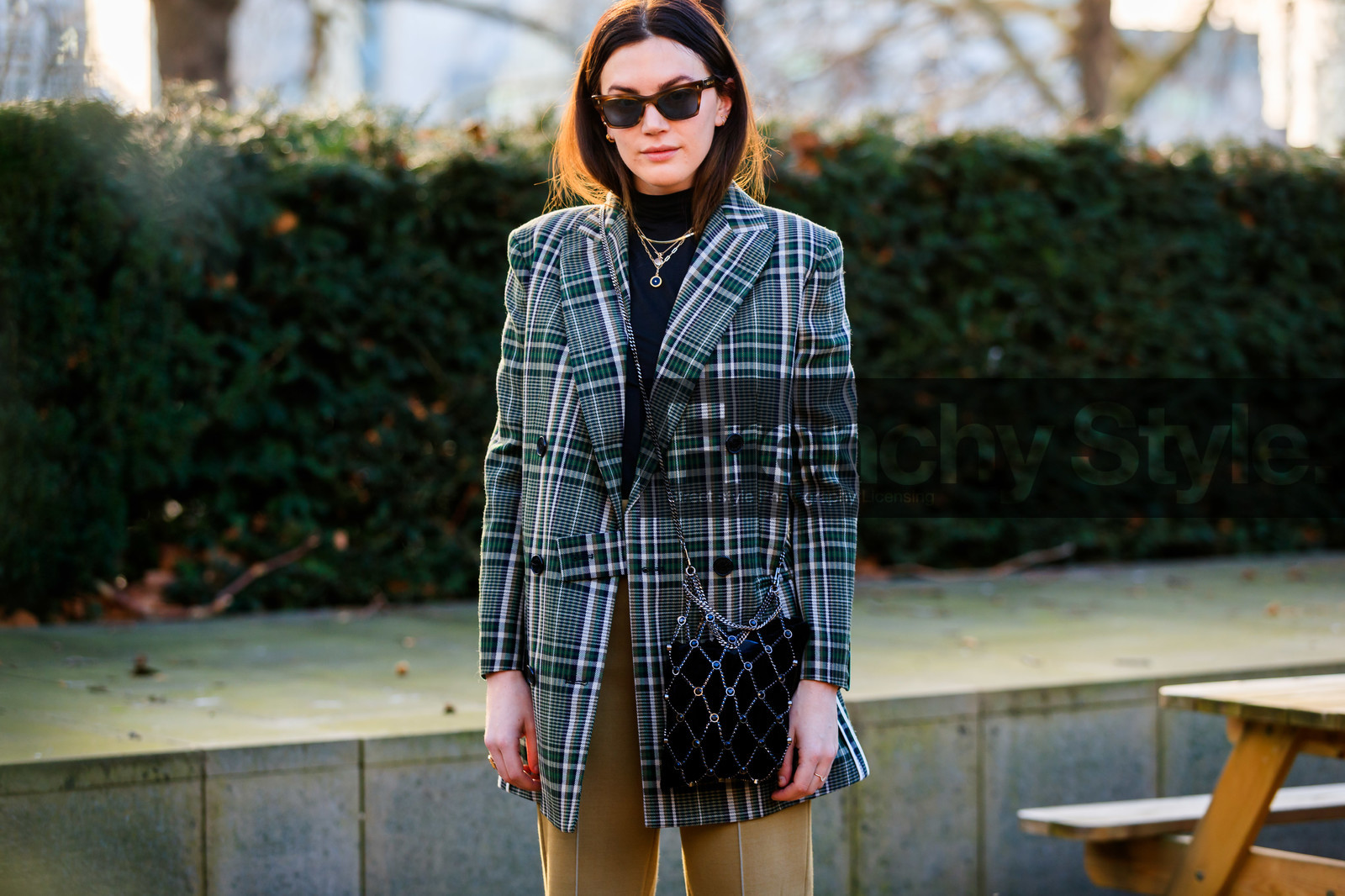 beige pants, black bag, black sweater, blazer, chains, checked, graphic jacket, green jacket, leather bag, madelynn furlong, necklace, plaid, printed jacket, sunglasses, tartan, trousers, LONDON, LFW, fashion week, frenchystyle, FW, jonathan paciullo, street style, AUTUMN WINTER 2019-2020, AW 19-20, FW 19-20, FALL WINTER 2019-2020, horizontal, atmosphere details, detail
