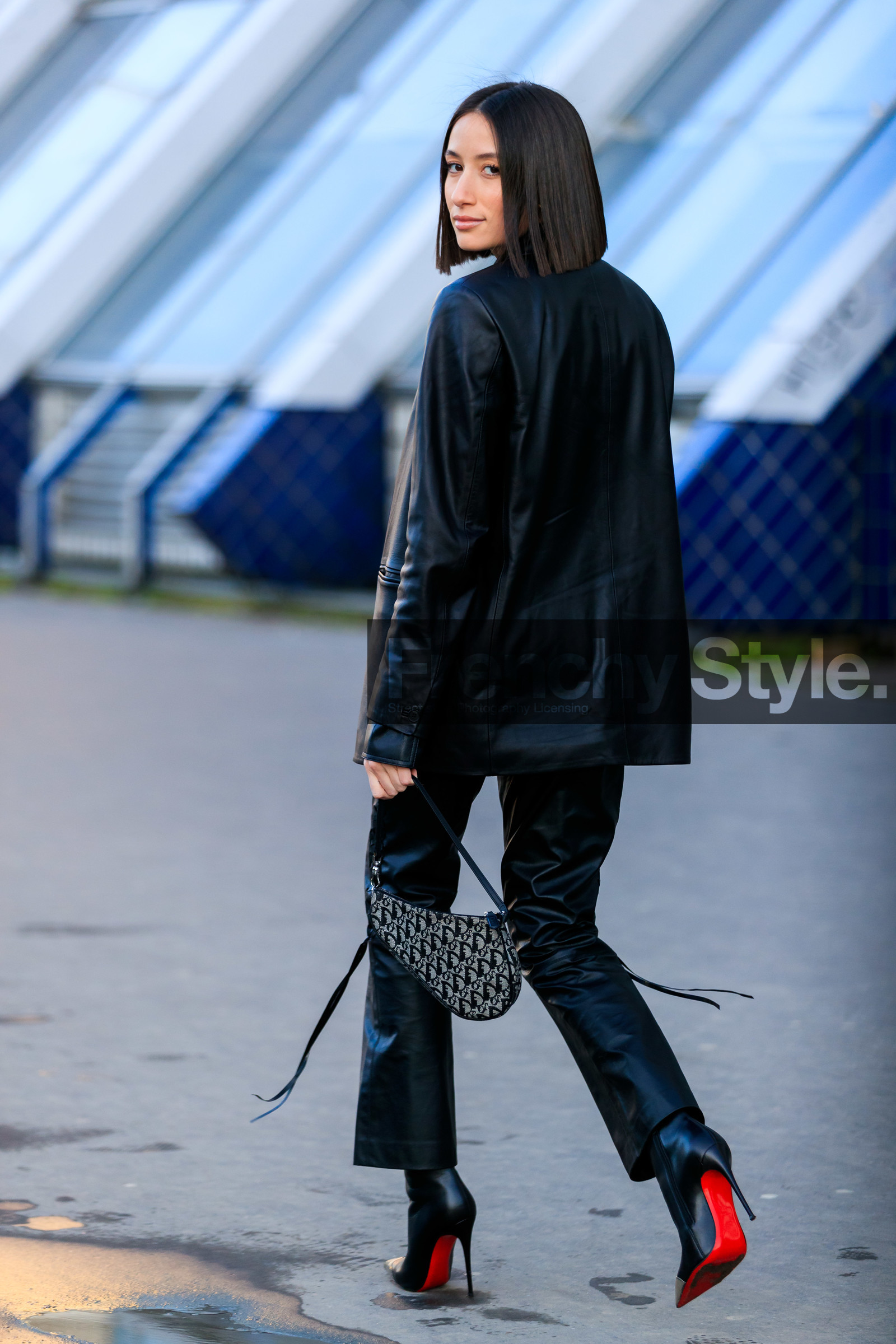 alexandra guerain, back details, black leather jacket, black leather pants, black leather boots, louboutin boots, dior bag, dior saddle bag, hand bag, monogrammed bag, black bag, black leather bag, high heels boots, fashion week, frenchystyle, FW, jonathan paciullo, street style, PFW, PARIS, AUTUMN WINTER 2020-2021, FALL WINTER 2020-2021, FW 20-21, vertical, full length