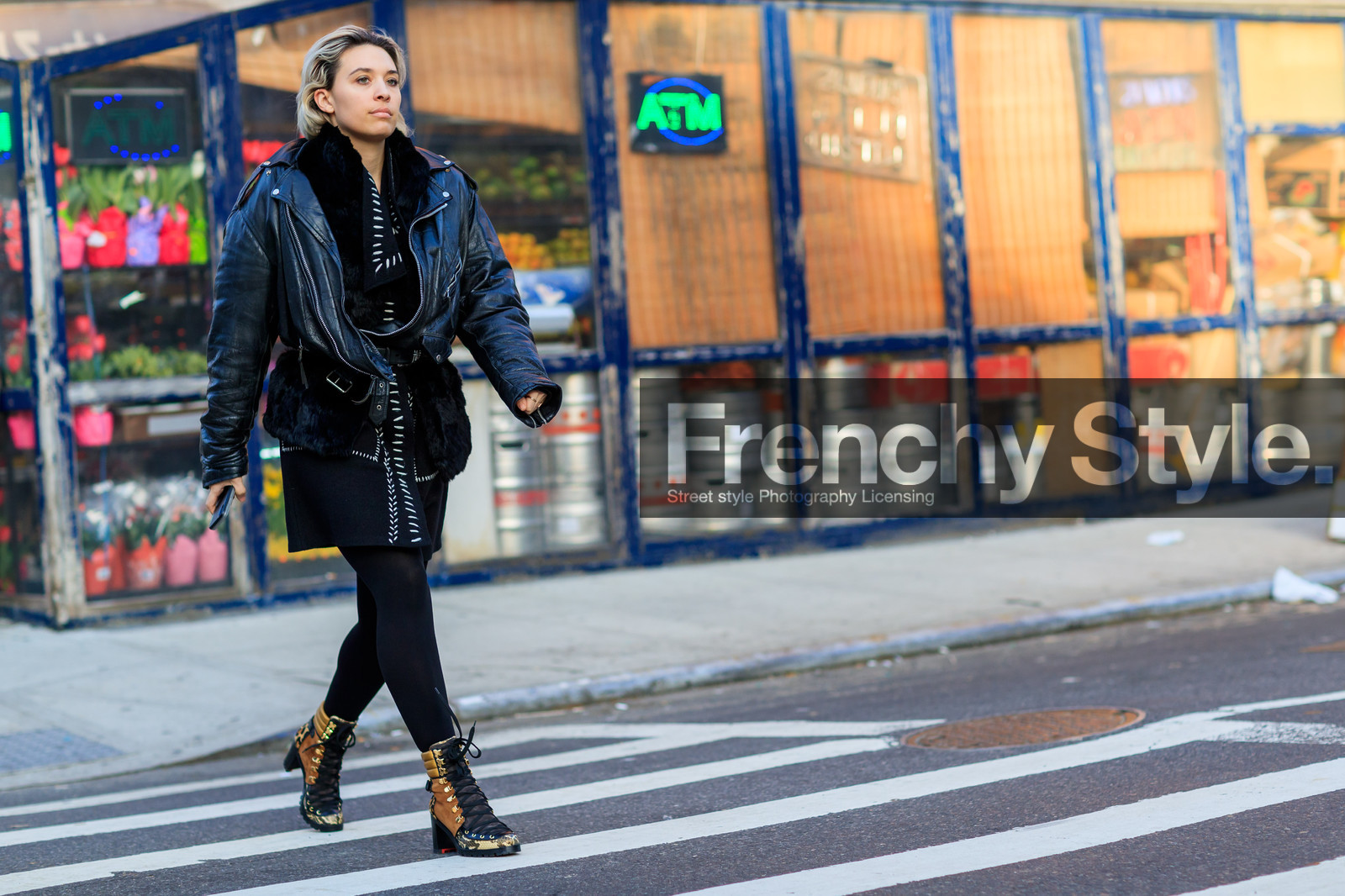 animal print, black dress, black fur, black jacket, brown boots, high heels, leather jacket, leather shoes, leopard print, street style, jonathan paciullo, FW, frenchystyle, fashion week, NYFW, NEW YORK, AUTUMN WINTER 2018-2019, AW 18-19, FALL WINTER 2018-2019, FW 18-19, atmosphere details, horizontal, full length