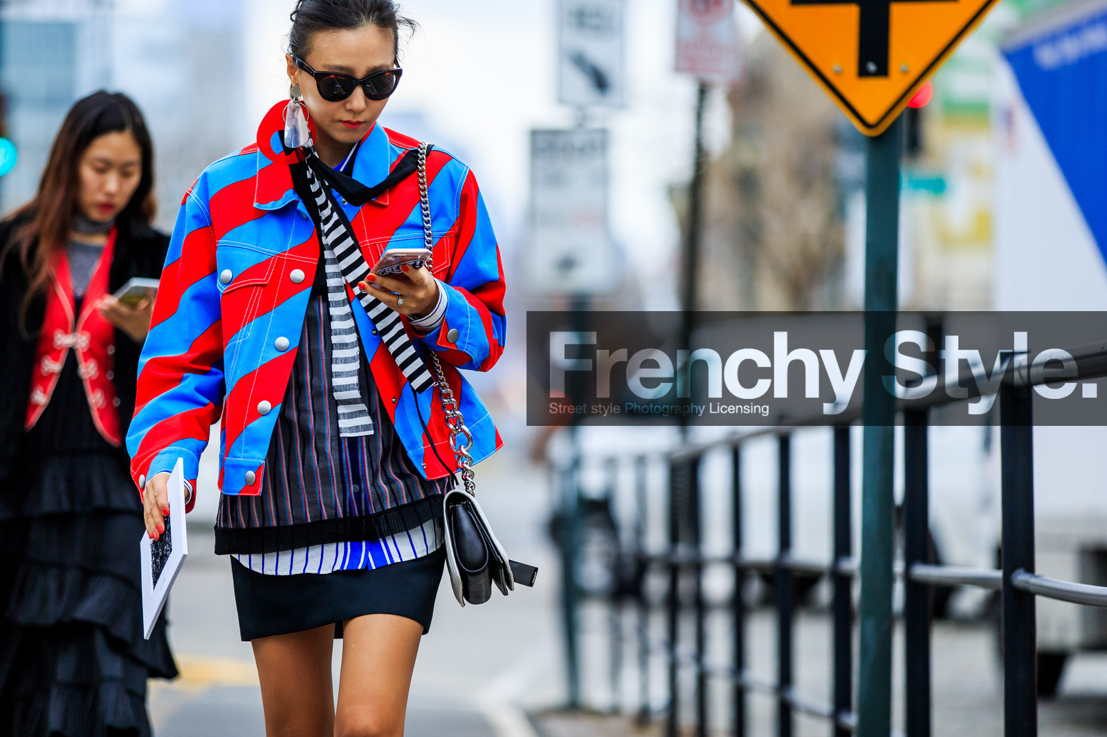 atmosphere details, AUTUMN WINTER 2016-2017, AW 16-17, black, black skirt, blue, blue jacket, denim jacket, detail, embroidered jacket, fashion week, frenchystyle, FW, FW 16-17, geometric, graphic jacket, horizontal, jonathan paciullo, NEW YORK, NYFW, red, red jacket, see through, street style, striped jacket, stripes, sunglasses, turquoise, woman