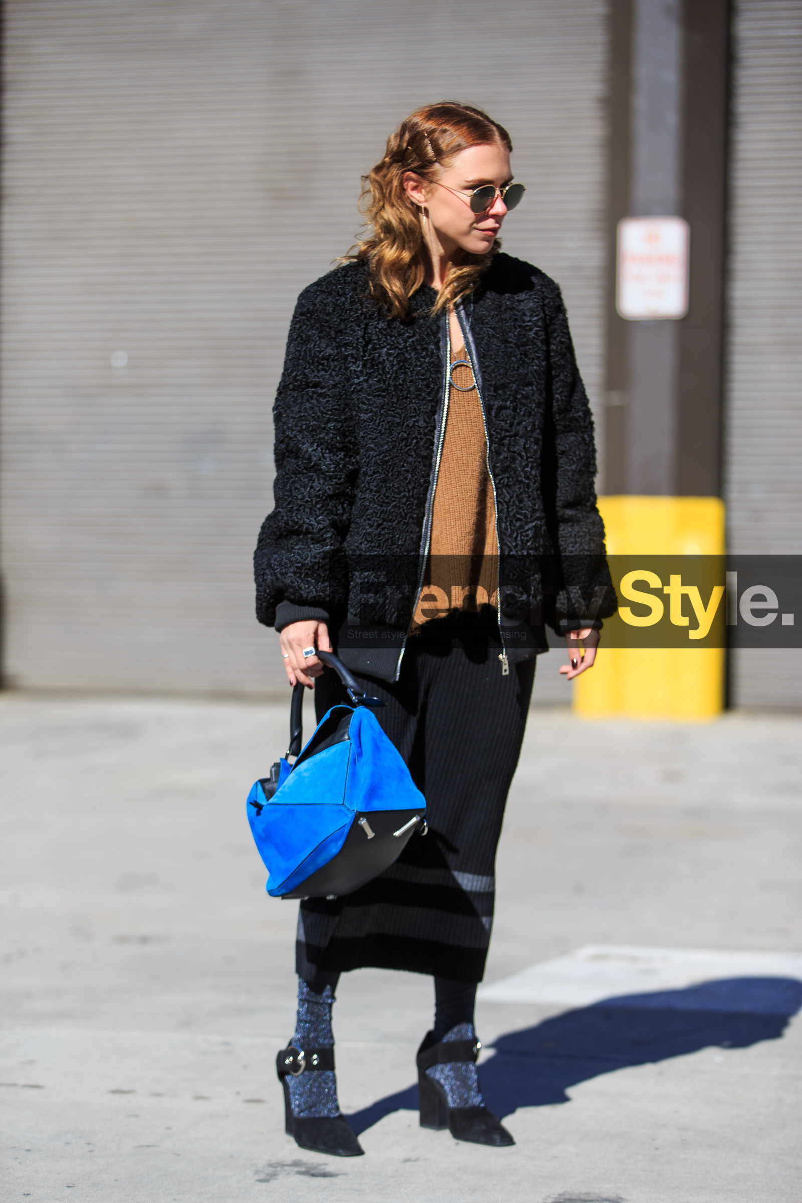 AUTUMN WINTER 2016-2017, AW 16-17, beige knit, black fur, black heels, black jacket, black shoes, black skirt, blue bag, courtney trop, fashion week, frenchystyle, full length, fur jacket, FW, FW 16-17, high heels, jonathan paciullo, leather bag, loewe, NEW YORK, NYFW, ray ban, shiny socks, street style, suede bag, suede shoes, sunglasses, teddy jacket, vertical, woman, wool skirt