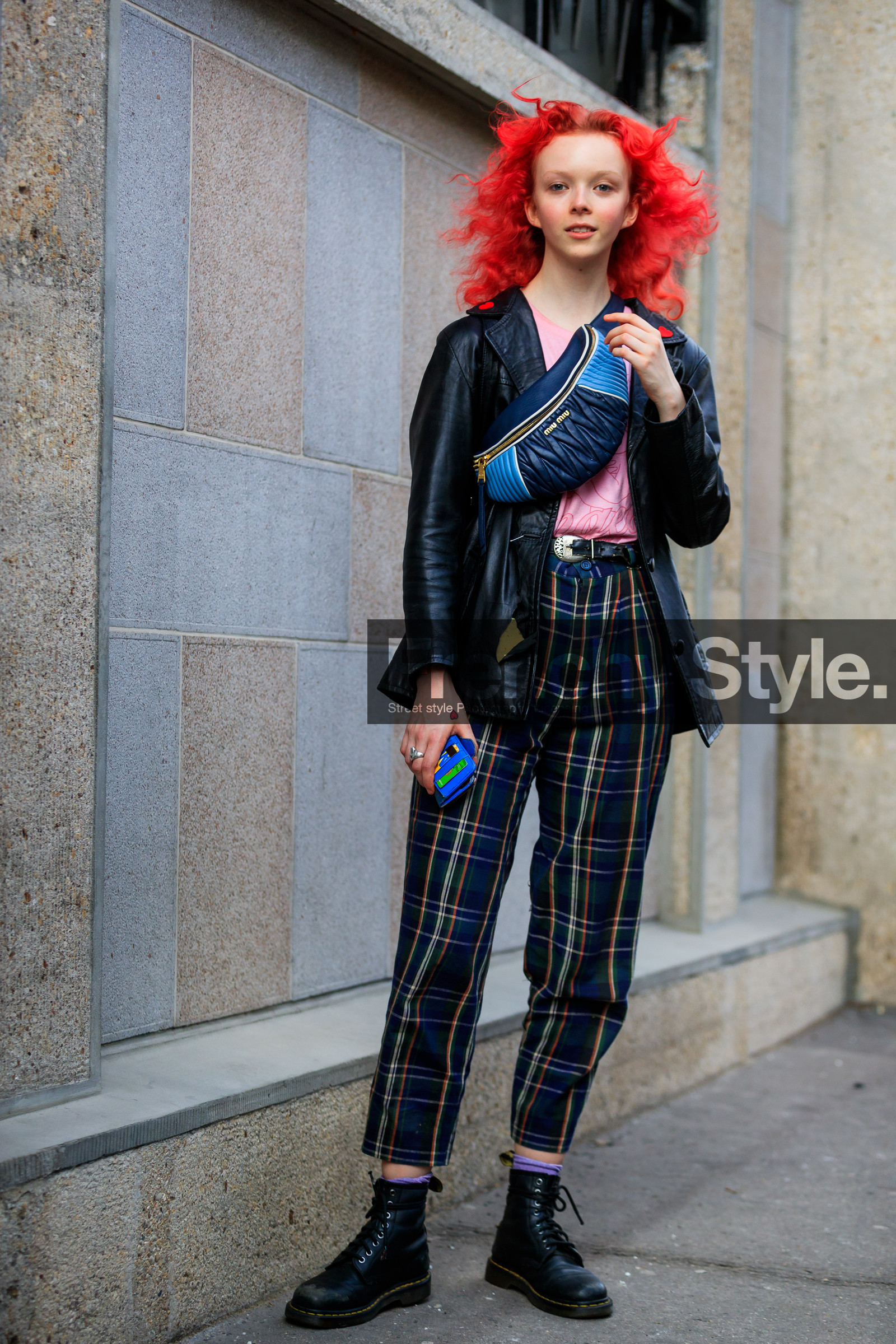 black belt, black jacket, black shoes, blue bag, checked, dyed hair, fanny pack, graphic bag, graphic pants, leather bag, leather belt, leather jacket, leather shoes, miu miu, pink t shirt, plaid, printed bag, printed pants, red hair, tartan, trousers, street style, jonathan paciullo, FW, frenchystyle, fashion week, PFW, PARIS, AUTUMN WINTER 2018-2019, FALL WINTER 2018-2019, FW 18-19, vertical, full length, model, lily nova