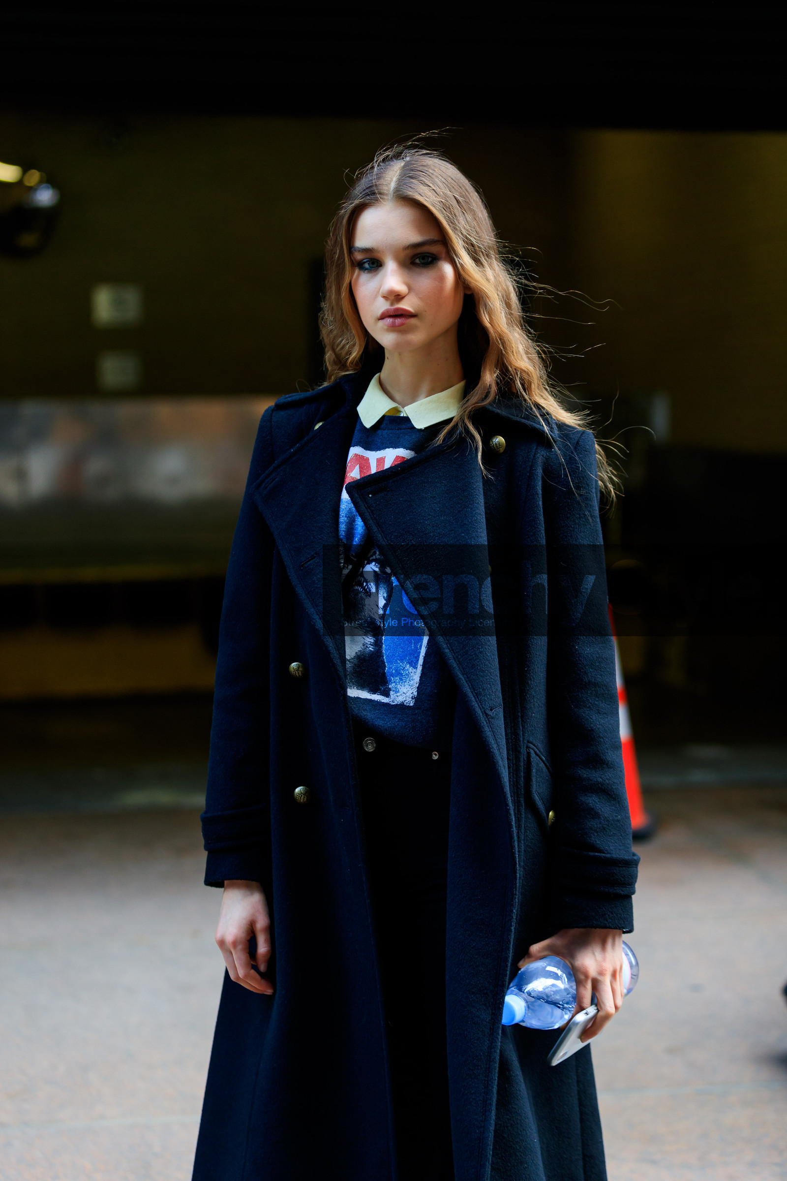 black coat, eyeliner, eyeshadow, long hair, printed sweater, street style, jonathan paciullo, FW, frenchystyle, fashion week, NYFW, NEW YORK, AUTUMN WINTER 2018-2019, AW 18-19, FALL WINTER 2018-2019, FW 18-19, vertical, atmosphere details, detail, model