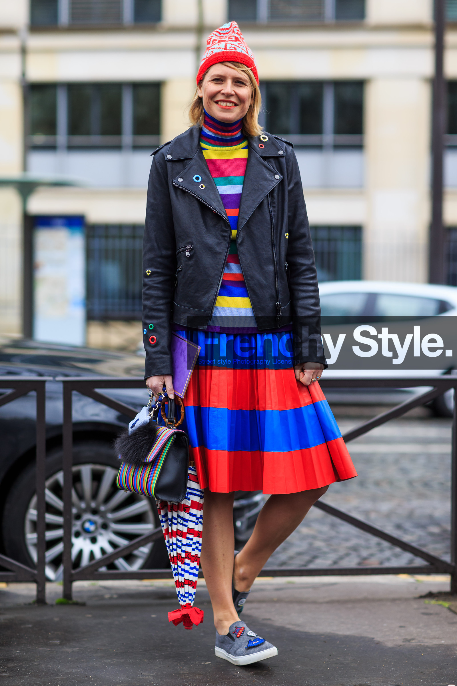 AUTUMN WINTER 2016-2017, AW 16-17, black jacket, black perfecto, blue skirt, elisa nalin, embroidered shoes, FALL WINTER 2016-2017, fashion week, frenchystyle, full length, FW, FW 16-17, geometric, graphic bag, graphic skirt, graphic sweater, grey sneakers, jonathan paciullo, leather bag, leather jacket, leather perfecto, multicolor bag, multicolor sweater, PARIS, PFW, pleated skirt, red beanie, red skirt, street style, striped bag, striped skirt, striped sweater, stripes, umbrella, vertical