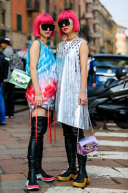 Ami and Aya Suzuki, black shoes, blue dress, choker, dyed hair, feathers, fringes, glitter, graphic dress, green bag, high boots, leather bag, leather shoes, louis vuitton, necklace, pink bag, pink hair, printed dress, shiny dress, silver dress, sunglasses, fashion week, frenchystyle, FW, jonathan paciullo, street style, MFW, MILAN, AUTUMN WINTER 2019-2020, AW 19-20, FALL WINTER 2019-2020, FW 19-20, vertical, full length