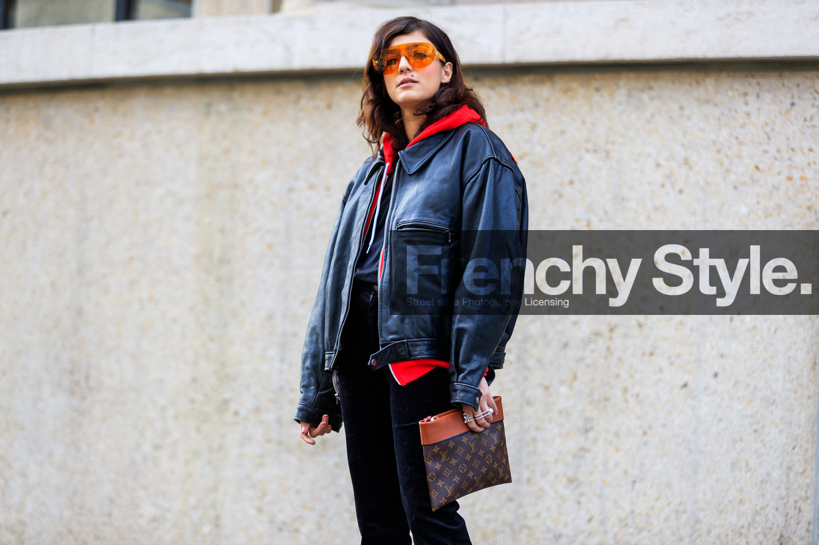 atmosphere details, AUTUMN WINTER 2017-2018, AW 17-18, black denim, black jacket, black perfecto, brown clutch, denim pants, detail, eleonora carisi, FALL WINTER 2017-2018, fashion week, frenchystyle, FW, FW 17-18, graphic bag, hoodie, horizontal, jeans, jonathan paciullo, leather bag, leather jacket, leather perfecto, louis vuitton, monogram, PARIS, PFW, printed bag, printed pants, red sweater, street style, sunglasses, trousers, vêtements