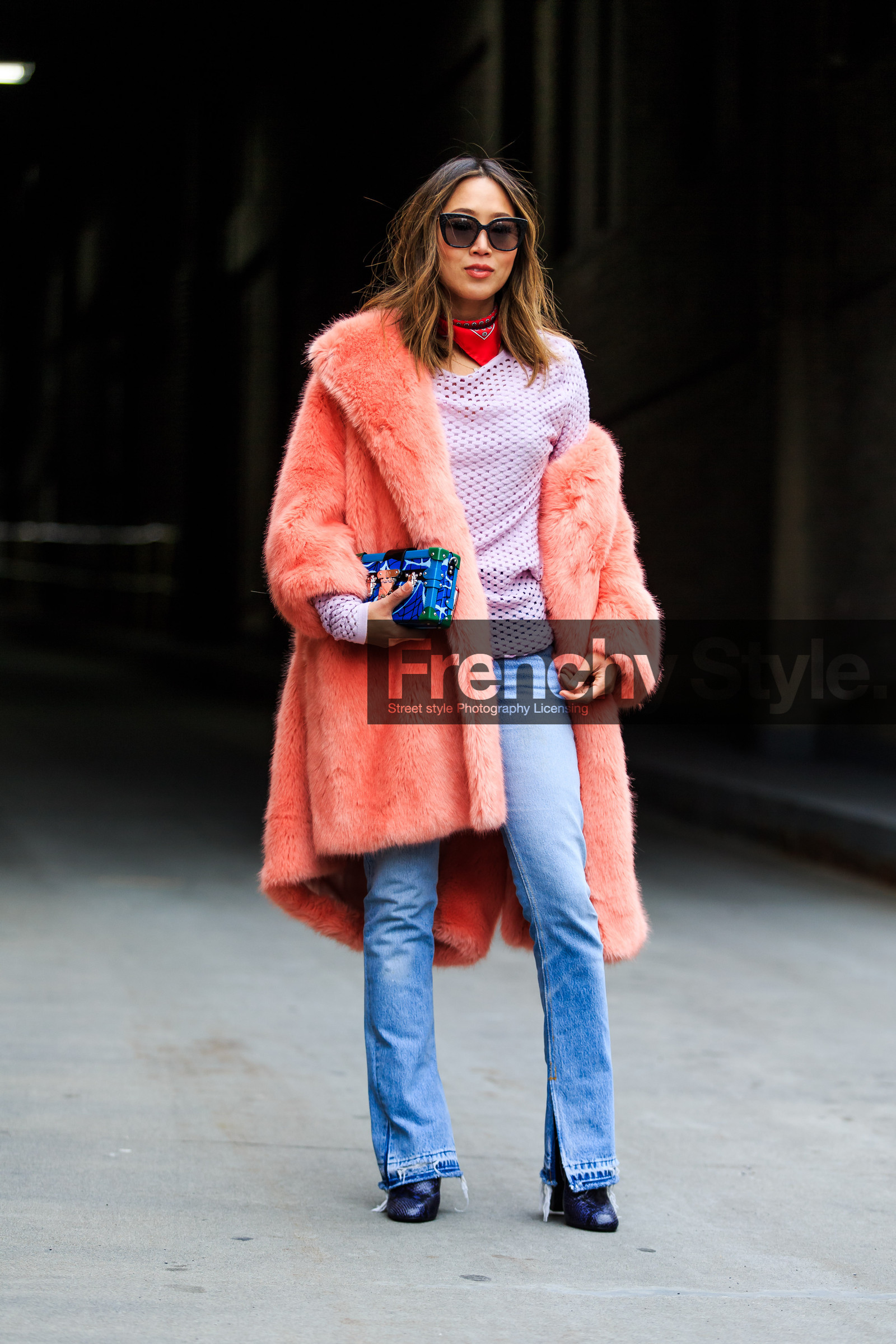 aimee song, AUTUMN WINTER 2016-2017, AW 16-17, black boots, blue denim, denim pants, fashion week, fishnet, frenchystyle, full length, fur coat, FW, FW 16-17, jeans, jonathan paciullo, leather boots, leather shoes, NEW YORK, NYFW, pink coat, red bandana, red scarf, street style, sunglasses, trousers, vertical, white sweater, woman