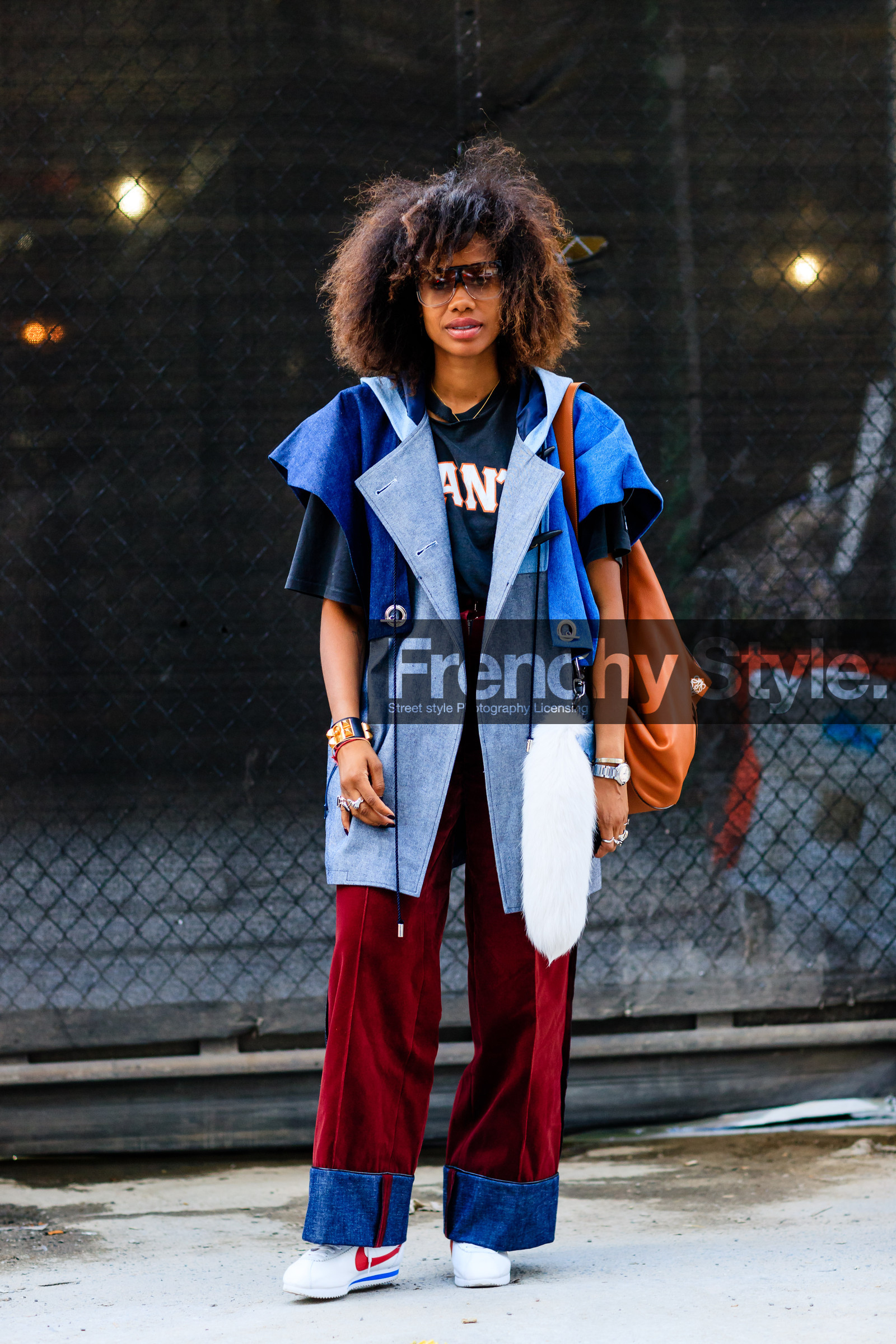 blue coat, camel bag, denim coat, denim pants, fashion week, frenchystyle, full length, FW, hood, jan-michael quammie, jonathan paciullo, leather bag, leather sneakers, loewe, NEW YORK, nike, NYFW, red pants, SPRING SUMMER 2017, SS 17, street style, sunglasses, trousers, vertical, white sneakers, wide pants, woman