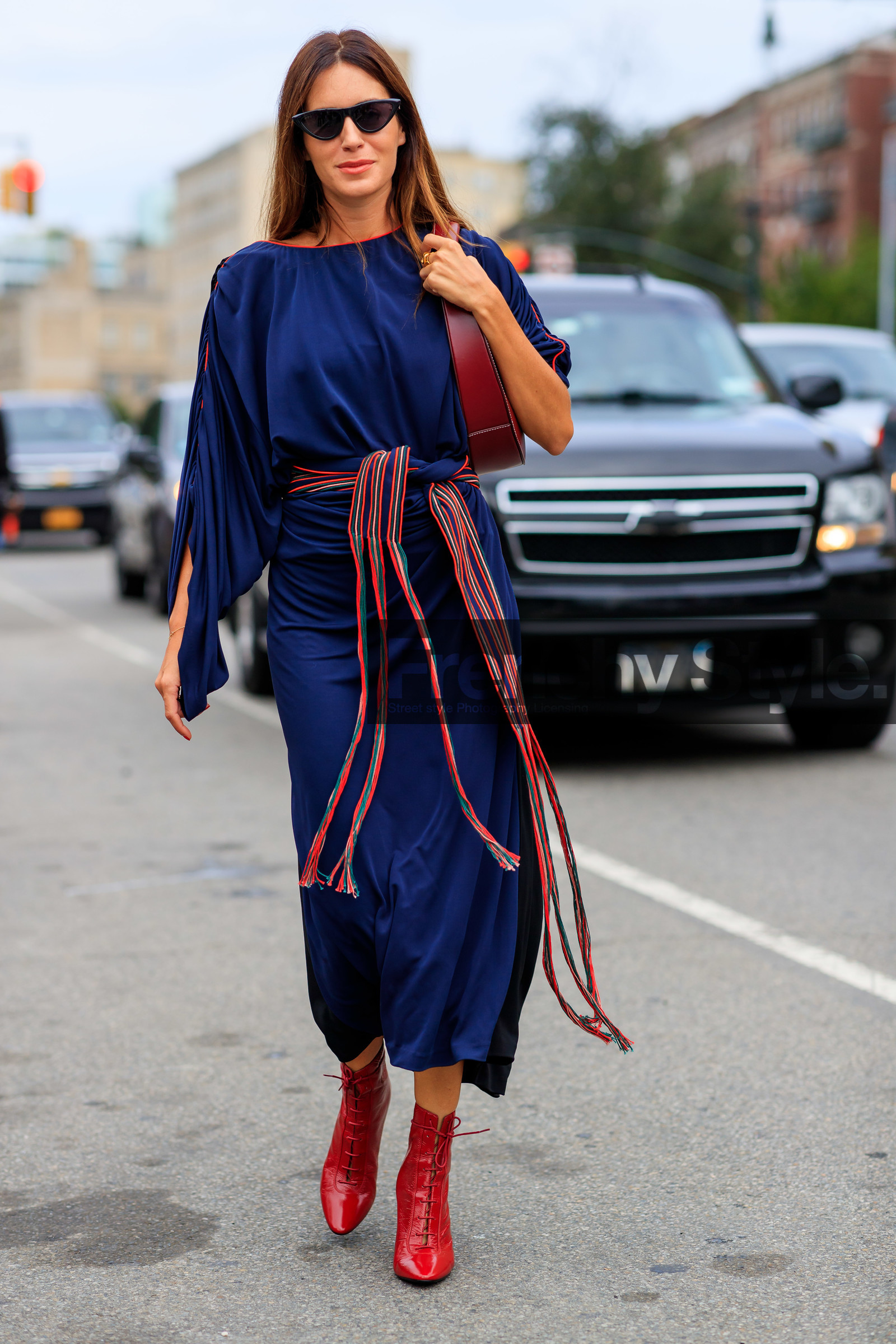 blue dress, bordeaux, burgundy, gala gonzalez, high heels, leather bag, leather shoes, red bag, red boots, sunglasses, street style, jonathan paciullo, FW, frenchystyle, fashion week, NEW YORK, NYFW, SPRING SUMMER 2020, SS 20, vertical, full length