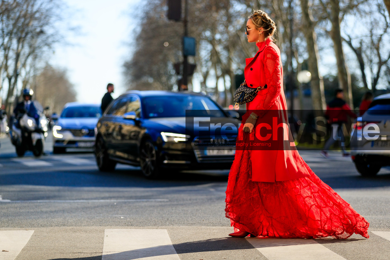 black bag, braids, graphic bag, leather bag, monogram, nina suess, printed bag, red coat, red dress, saddle bag, sunglasses, PARIS, PFW, street style, jonathan paciullo, FW, frenchystyle, fashion week, AUTUMN WINTER 2019-2020, AW 19-20, FALL WINTER 2019-2020, FW 19-20, horizontal, atmosphere details, full length